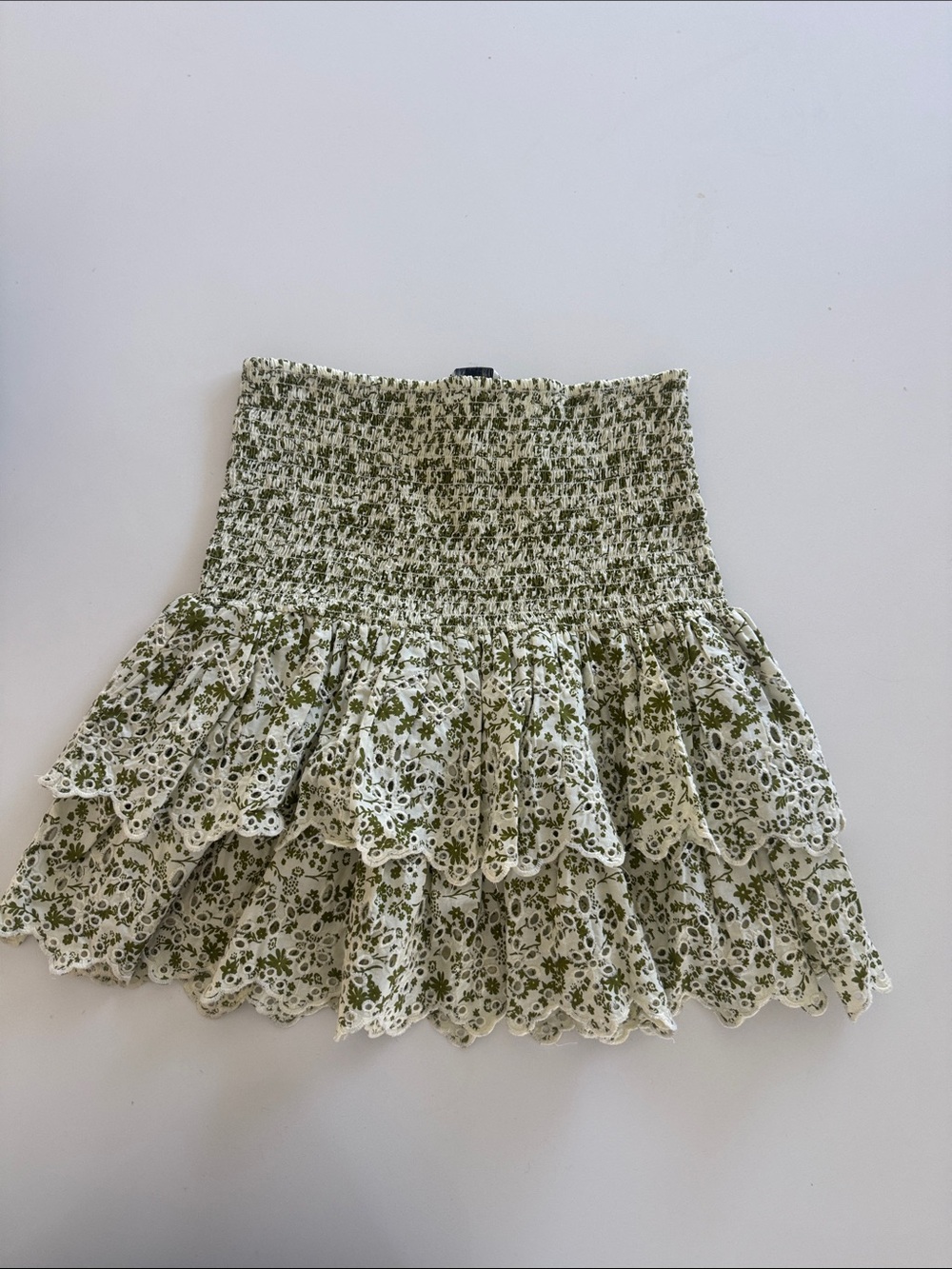 Zara Eyelet Floral Patterned Smocked Mini Skirt in Green and Beige